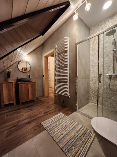 uma casa de banho com um chuveiro e um lavatório. em JELONKOWO - Dom na wynajem - Kaszuby em JeleÅ„ska Huta
