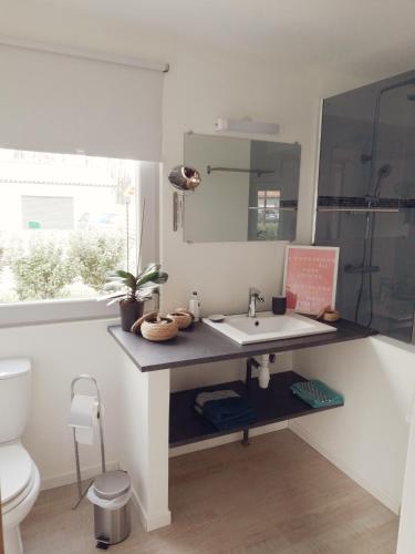 une salle de bain avec un lavabo et un miroir dans l'établissement Maison moderne proche lac et plage, à Léon