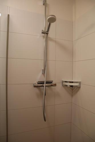a shower with a shower head in a bathroom at Landhaus-Appartements Warraich in Schladming
