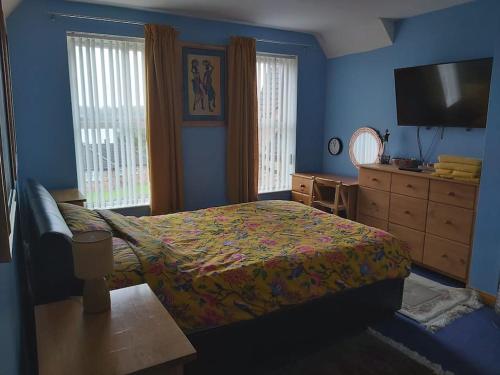 a bedroom with a bed and a dresser and a tv at South Lake House - 300m to South Lake Leisure Centre in Derrymacash