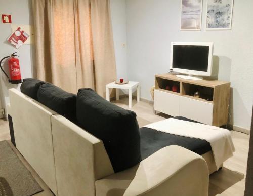 uma sala de estar com um sofá e uma televisão em Casa Nunes no Pinhão