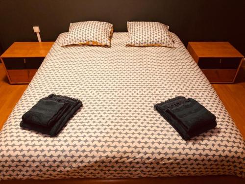uma cama com dois sacos sentados em cima dela em Chaîne des puys chez William em Royat
