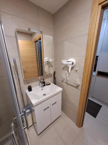 a bathroom with a white sink and a mirror at Lux apartmani Dunja Kopaonik Čardaci - GREEN in Kopaonik