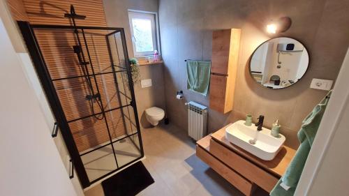 a bathroom with a sink and a mirror at Apartman Noa in Jušići
