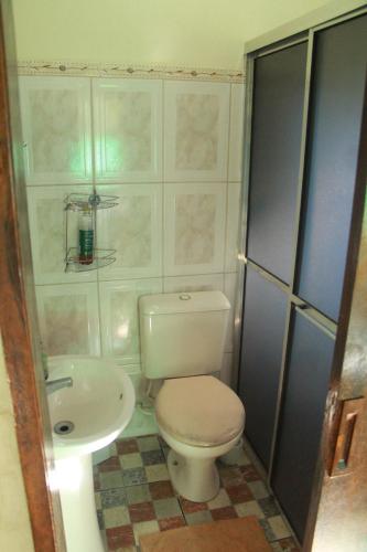 a small bathroom with a toilet and a sink at Casa de Campo - Sítio da tia Vera in Maquiné