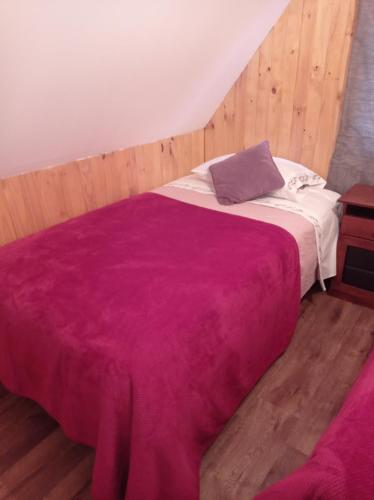 a bedroom with a large bed with a purple blanket at Cabaña Coñaripe in Coñaripe