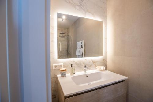 uma casa de banho com um lavatório e um espelho em By Sea, Full Sea View, balcony, use of hotel Pool and Sauna em Cadzand