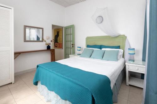 a bedroom with a large bed with blue pillows at Villa 46 in Saint James
