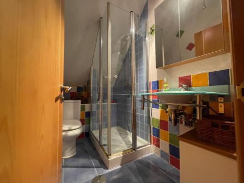 a bathroom with a shower and a toilet and a sink at Apartamento Centro de Llanes in Llanes