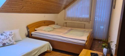 a small bedroom with two beds and windows at Apartmaji Marinka Hodnik in Bohinj