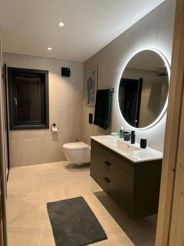 a bathroom with a sink and a mirror and a toilet at Cabin in Tromsø in Tromsø