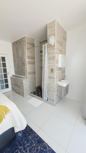 ein Schlafzimmer mit einer Dusche, einem Bett und einem Waschbecken in der Unterkunft Effortless Self Catering Accommodation in East London