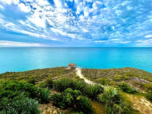 a beach with an umbrella and the ocean at Blue Love Point home in Gregory Town