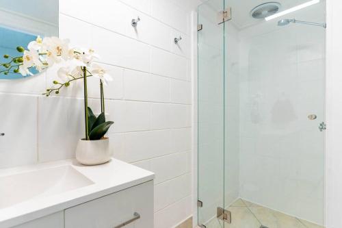 a bathroom with a sink and a glass shower at Little Coastal Haven apartment with a pool! in Cannonvale