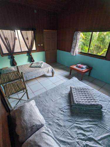 two beds in a room with two windows at La Katalinda in Drake