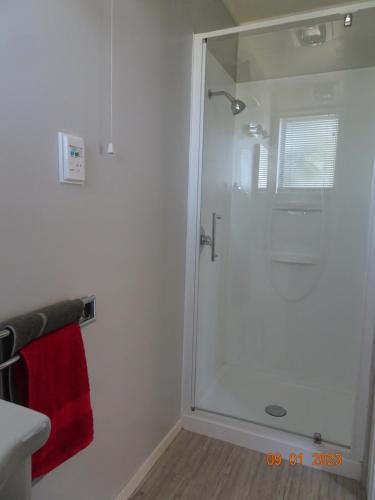 a bathroom with a shower with a red towel at Nangari Studio Unit in Alexandra
