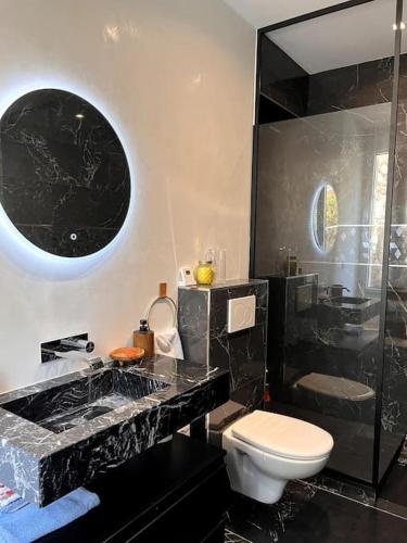 La salle de bains en noir et blanc est pourvue de toilettes et d'une douche. dans l'établissement Magnifique appartement avec vue mer à Villefranche, à Villefranche-sur-Mer