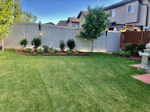 a backyard with a fence and a yard with green grass at Luxury 3700 sq/ 5 bedroom/ jettedtub/ 4 fireplaces in Edmonton