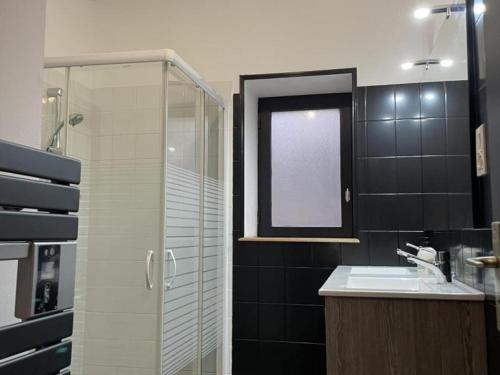 a bathroom with a shower and a sink and a window at Gîte Saint-Bonnet-Tronçais, 3 pièces, 6 personnes - FR-1-489-415 in Saint-Bonnet-Tronçais