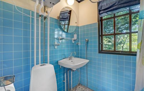 Baño de azulejos azules con lavabo y espejo en Pet Friendly Home In Vig With Kitchen en Vig