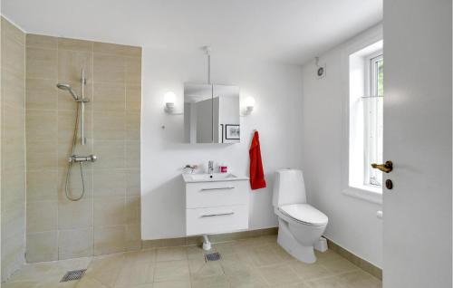 ein Bad mit einem WC, einem Waschbecken und einer Dusche in der Unterkunft Lovely Home In Stege With Kitchen in Stege