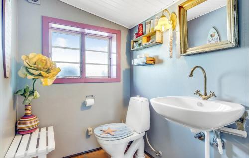 uma casa de banho com um lavatório, um WC e um espelho. em Nice Home In Tisvildeleje With Kitchen em Tisvildeleje