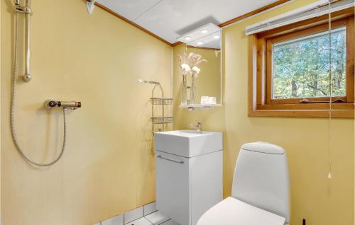 a bathroom with a toilet and a sink and a window at Beautiful Home In Nex With Kitchen in Neksø