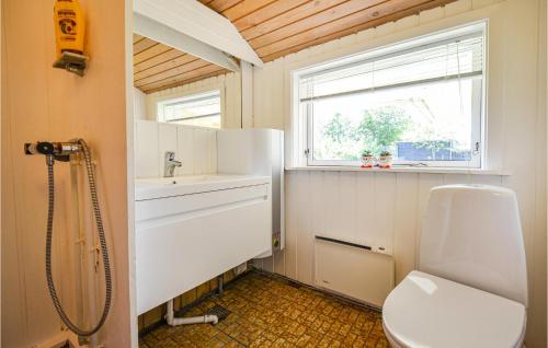 a bathroom with a toilet and a sink and a window at Stunning Home In Rnde With 3 Bedrooms And Wifi in Rønde