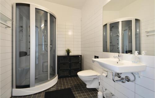 ein Bad mit einem Waschbecken, einer Dusche und einem WC in der Unterkunft Stunning Apartment In Rm With Wifi in Havneby