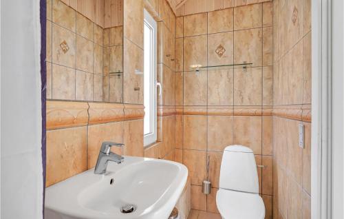 uma casa de banho com um lavatório e um WC em Cozy Home In Tranekr With Wifi em Tranekær