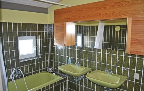 スケーエンにあるBeautiful Home In Skagen With 2 Bedrooms And Wifiのバスルーム(シンク2台、バスタブ、鏡付)