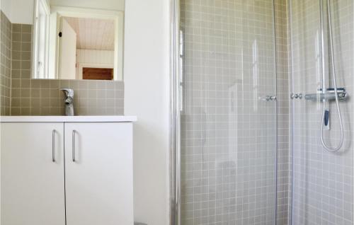 La salle de bains est pourvue d'une douche, d'un lavabo et d'un miroir. dans l'établissement Nice Home In Kirke Hyllinge With Wifi, à Kirke-Hyllinge