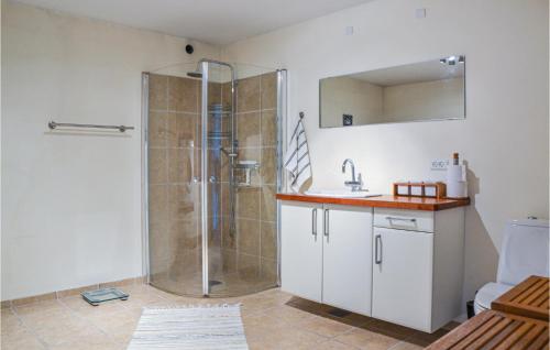 ein Bad mit einer Dusche und einem Waschbecken in der Unterkunft Cozy Home In Jgerspris With Kitchen in Jægerspris