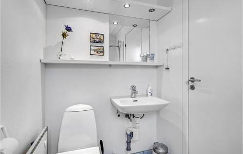 een badkamer met een wastafel, een toilet en een spiegel bij Muslingen 721 in Ebeltoft