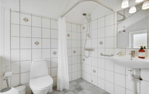 La salle de bains blanche est pourvue de toilettes et d'un lavabo. dans l'établissement Nice Home In Skibby With House A Panoramic View, à Skibby