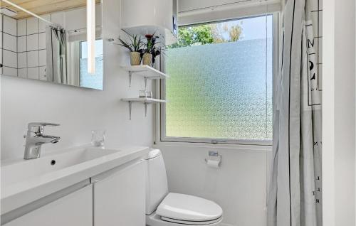 a bathroom with a toilet and a sink and a window at Stunning Home In Ebeltoft With 3 Bedrooms And Wifi in Øksenmølle