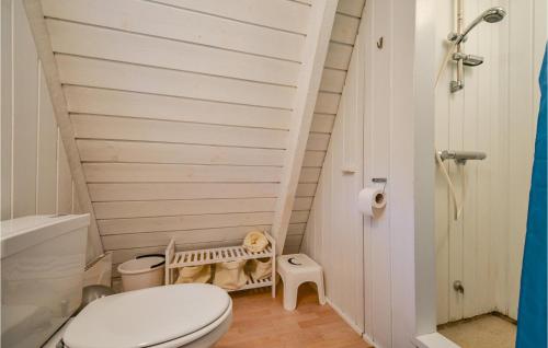 a small bathroom with a toilet and a staircase at Beautiful Home In Knebel With Outdoor Swimming Pool in Knebel