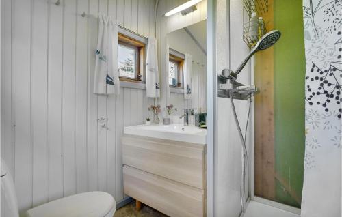 La salle de bains est pourvue d'un lavabo, de toilettes et d'une douche. dans l'établissement Awesome Home In Hundested With Kitchen, à Hundested