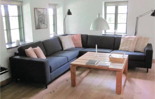 a living room with a blue couch and a coffee table at Holiday Home Brænderupvængevej in Gudme