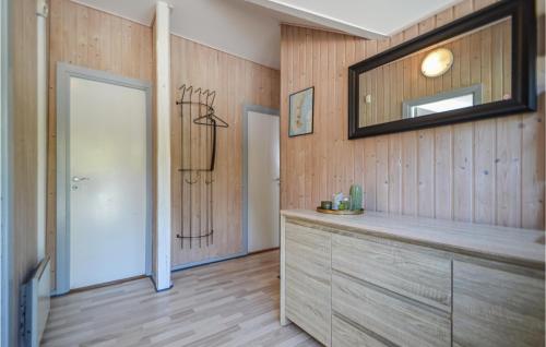 ロモ・キルケビーにあるStunning Home In Rm With Kitchenの鏡付きのバスルーム、木製の壁