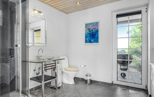 Baño blanco con aseo y lavamanos en Awesome Home In Knebel With Sauna, Wifi And 7 Bedrooms, en Knebel