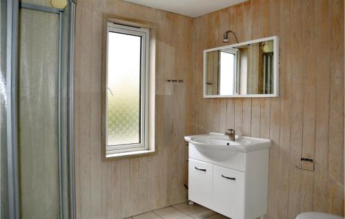 a bathroom with a sink and a mirror and a window at 3 Bedroom Nice Home In Kirke Hyllinge in Kirke-Hyllinge