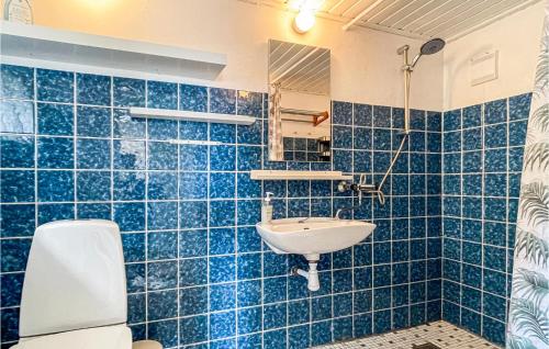 Gorgeous Home In Aakirkeby With Wifi في Åkirkeby: حمام من البلاط الأزرق مع مرحاض ومغسلة