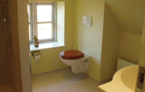 a bathroom with a toilet with a window and a sink at Lejl, 3 in Kegnæshøj
