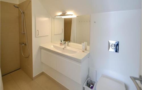 ein weißes Bad mit einem Waschbecken und einer Dusche in der Unterkunft Lovely Home In Allingbro With Kitchen in Allingåbro
