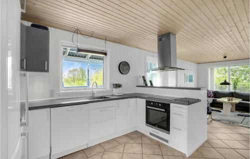 a kitchen with white cabinets and a wooden ceiling at Holiday Home Illeris Xi in Hvalpsund