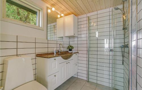 a bathroom with a shower and a sink and a toilet at Awesome Home In Broager With 2 Bedrooms And Wifi in Skelde