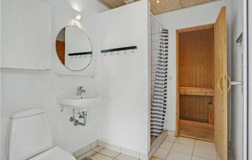 a bathroom with a sink and a toilet and a mirror at Amazing Home In Knebel With Private Swimming Pool, Can Be Inside Or Outside in Skødshoved Strand