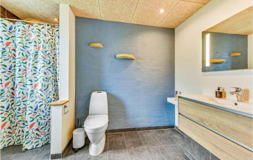 baño con aseo y pared azul en Beautiful Home In Sydals With Kitchen, en Skovbyballe