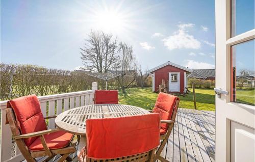 哈泽斯莱乌Nice Home In Haderslev With Kitchen的露台上有一张桌子和几把椅子